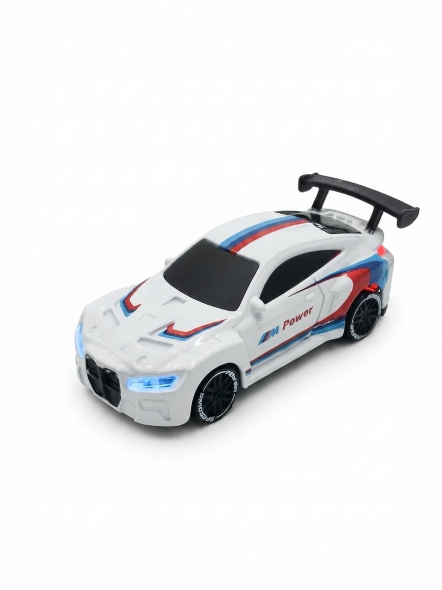 Mini B.M.W R/C Alloy Drift Car 1:64 Scale – 2.4GHz RC Racing Desk Toy with LED Lights, 4WD Action & Rechargeable Battery Type C Rechargable Heavy Quality Kids & Collectors (White)