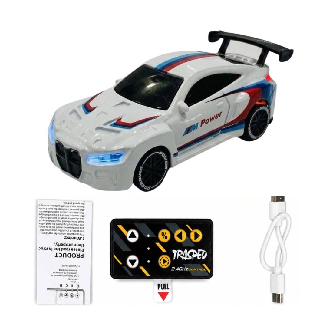 Mini B.M.W R/C Alloy Drift Car 1:64 Scale – 2.4GHz RC Racing Desk Toy with LED Lights, 4WD Action & Rechargeable Battery Type C Rechargable Heavy Quality Kids & Collectors (White)