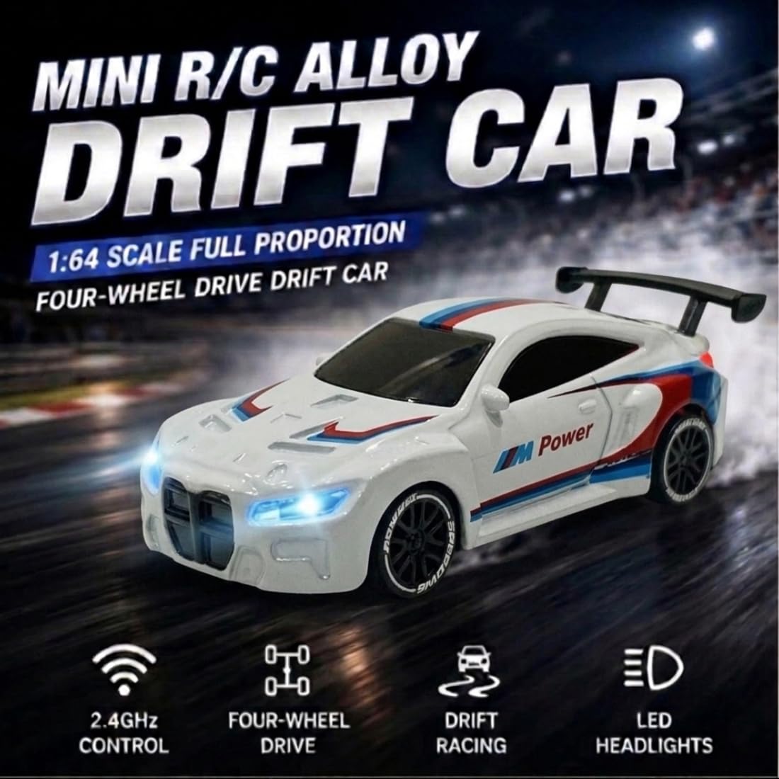 Mini B.M.W R/C Alloy Drift Car 1:64 Scale – 2.4GHz RC Racing Desk Toy with LED Lights, 4WD Action & Rechargeable Battery Type C Rechargable Heavy Quality Kids & Collectors (White)