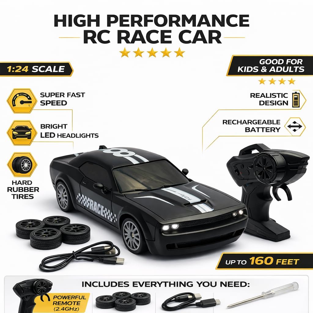360° Remote Control Stunt Car for Kids | 1:24 RC Racing Drift Car with LED Lights, 2.4GHz Controller, Rechargeable Battery, Long Range 160ft | Gift Toy for Boys & Girls (Black)