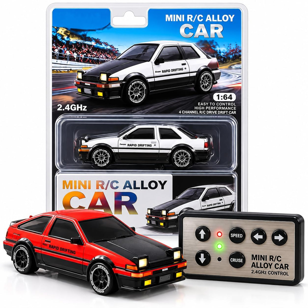 Mini RC Alloy Drift Car, 1:64 Scale Remote Control Toy Car with 2.4GHz Wireless Controller, 4-Wheel Drive, LED Headlights, Speed & Cruise Control | Assorted Colour Toyota (Red & White)