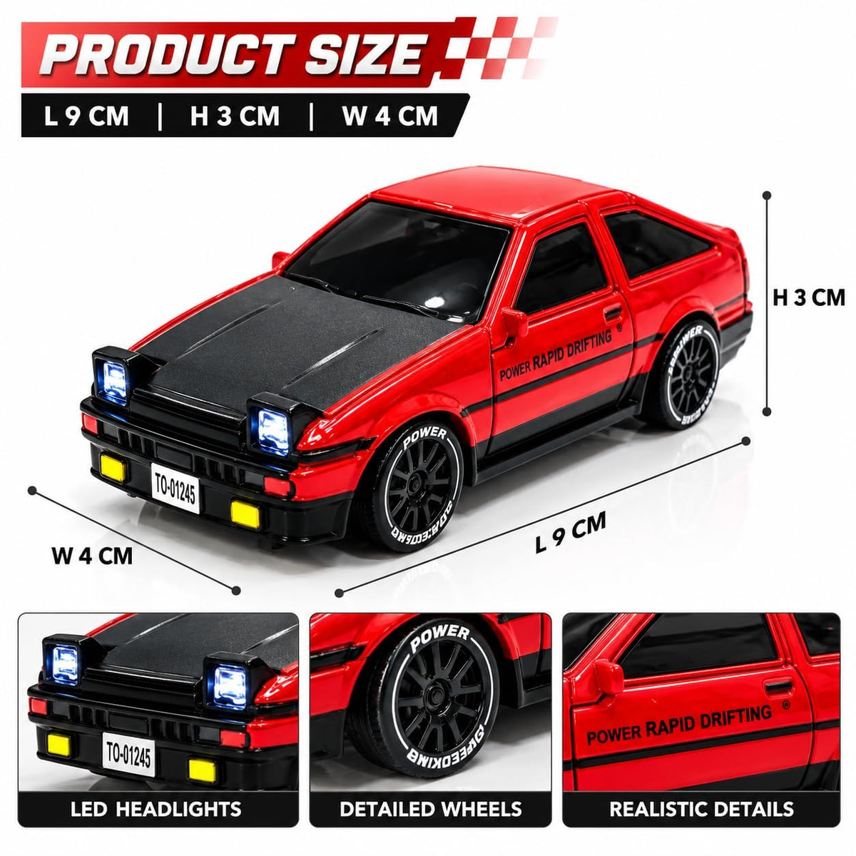 Mini RC Alloy Drift Car, 1:64 Scale Remote Control Toy Car with 2.4GHz Wireless Controller, 4-Wheel Drive, LED Headlights, Speed & Cruise Control | Assorted Colour Toyota (Red & White)