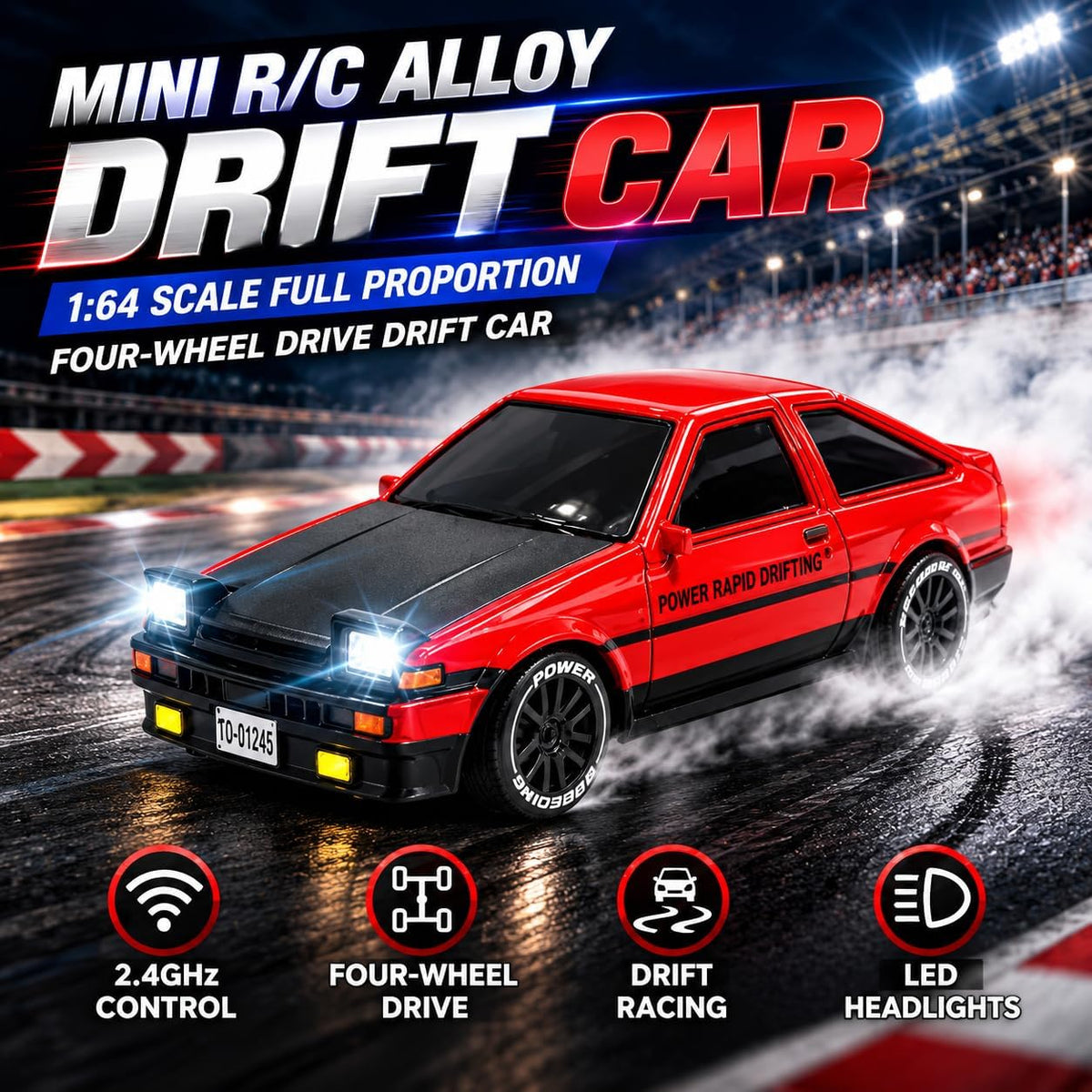 Mini RC Alloy Drift Car, 1:64 Scale Remote Control Toy Car with 2.4GHz Wireless Controller, 4-Wheel Drive, LED Headlights, Speed & Cruise Control | Assorted Colour Toyota (Red & White)