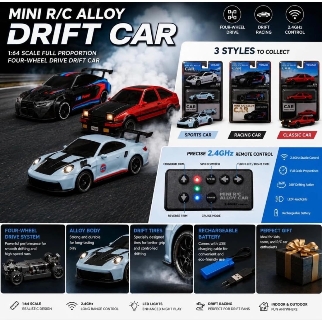 Mini B.M.W R/C Alloy Drift Car 1:64 Scale – 2.4GHz RC Racing Desk Toy with LED Lights, 4WD Action & Rechargeable Battery Type C Rechargable Heavy Quality Kids & Collectors (White)