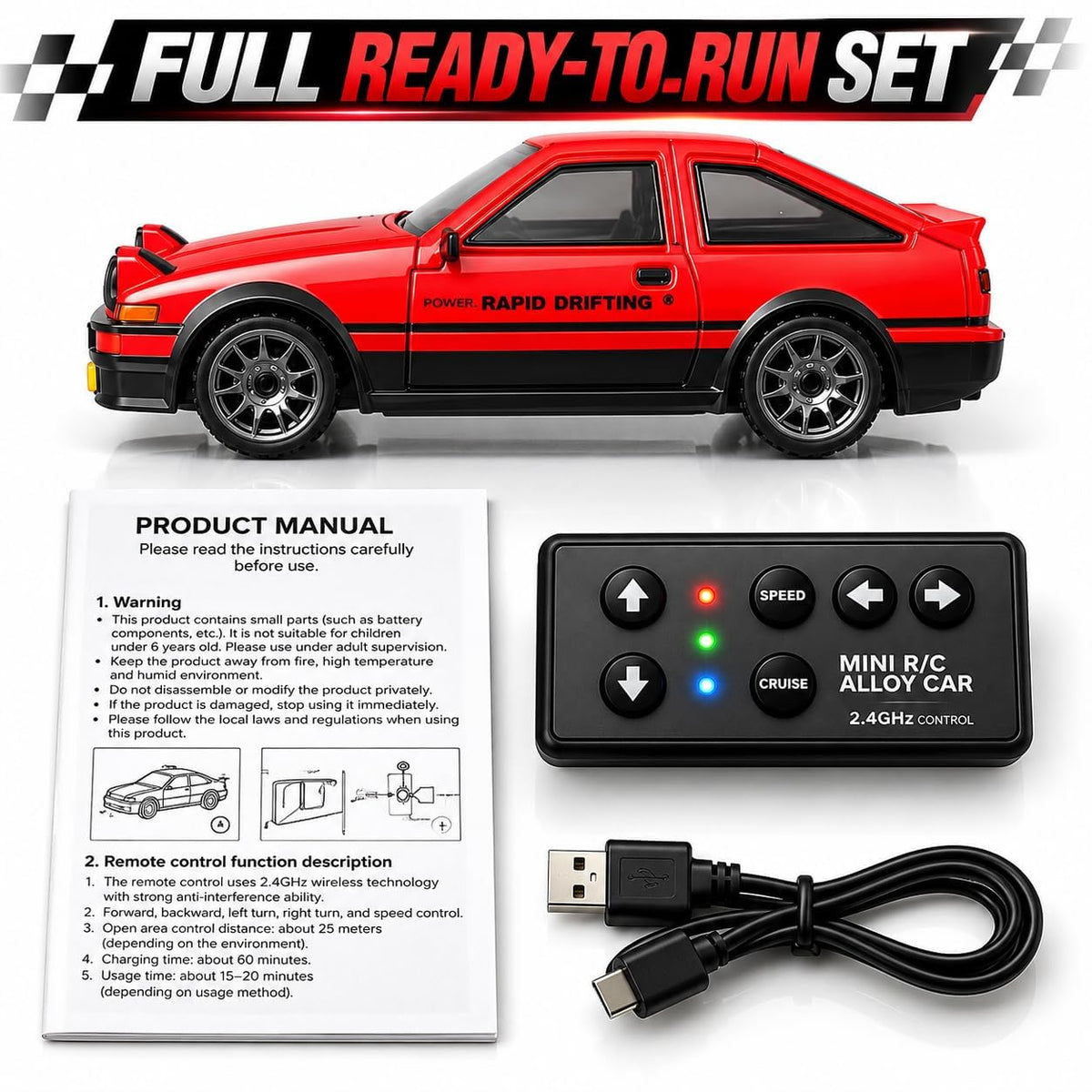 Mini RC Alloy Drift Car, 1:64 Scale Remote Control Toy Car with 2.4GHz Wireless Controller, 4-Wheel Drive, LED Headlights, Speed & Cruise Control | Assorted Colour Toyota (Red & White)