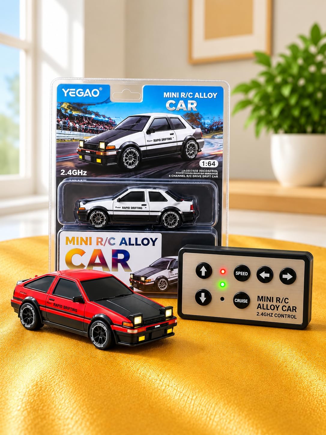 Mini RC Alloy Drift Car, 1:64 Scale Remote Control Toy Car with 2.4GHz Wireless Controller, 4-Wheel Drive, LED Headlights, Speed & Cruise Control | Assorted Colour Toyota (Red & White)